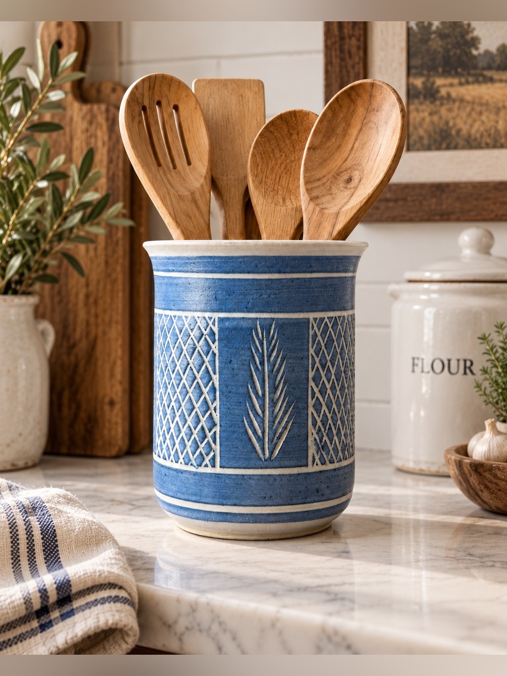 Tanglewood Pottery Blue & White Stoneware Vase / Utensil Crock